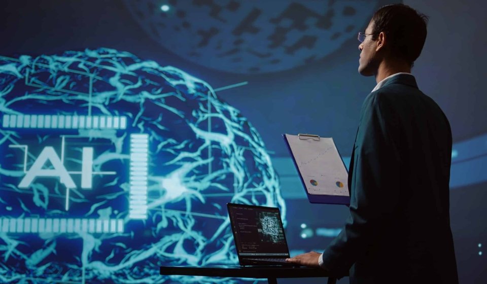 Startup employee looking over business charts, using AI software to take data driven decisions in tech industry. IT expert developing innovative artificial intelligence solutions for company, camera B