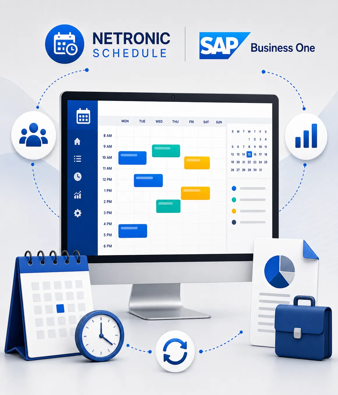Netronic Schedule planning board showing SAP Business One production orders on a Gantt chart