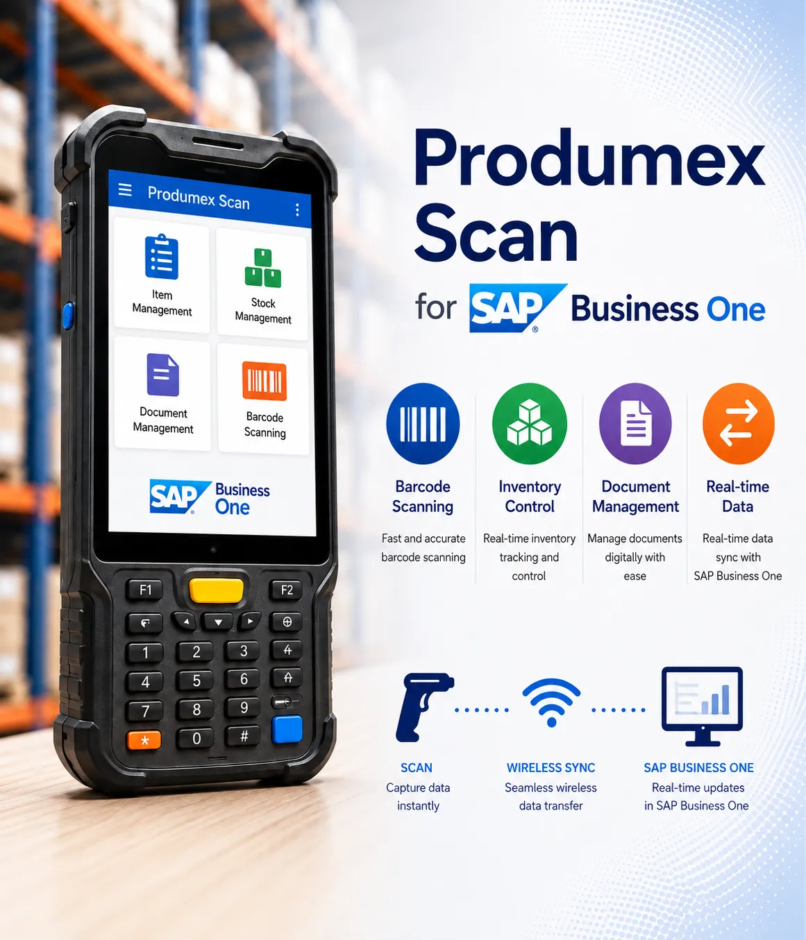 DragWarehouse operator picking a sales order with Produmex Scan on a handheld device
